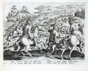 Władca Persji z rozkazem „polowania”, ilustracja z „Venationes, Ferarum, Avium, Piscium” (O polowaniu: dzikie zwierzęta, ptaki, ryby), sztychowana przez Jana Collaerta (1566-1628), wyd. przez Phillipusa Gall